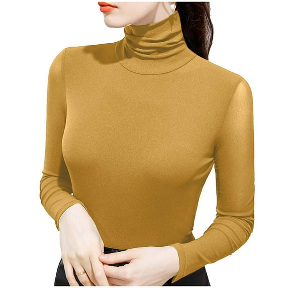 JSKUMAR Turtleneck Long Sleeve Shirts for Women Fall Winter Fitted Basic Thermal Underwear Tops Casual Slim Fit Clothes (Yellow,XL)