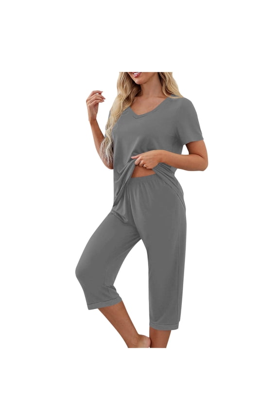 Women's 2 Piece Pajama Sets Cotton Pajamas Set Short Sleeve V Neck Top Capri Pants Sleepwear Lounge Set (Gray,L)