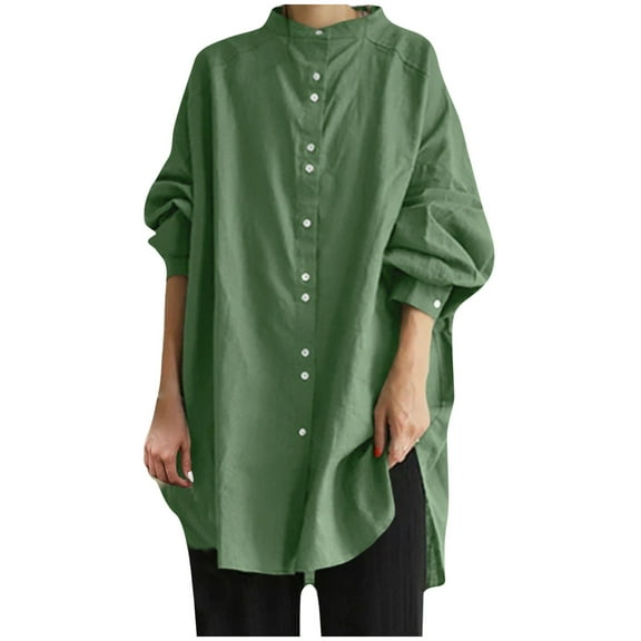 JSKUMAR Women's Buttons Long Sleeve Oversized Round Neck Shirts Mid Length Cotton Linen Comfy Blouses Casual Tops Green,L