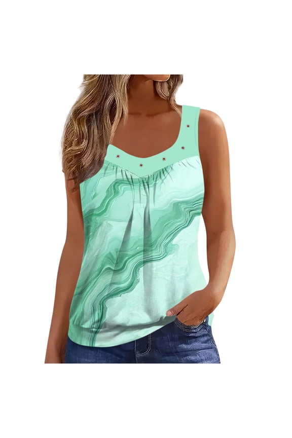 Women's Color Block Ruffled Square Collar Tank Tops Spring Summer Flow Sleeveless Blouse Casual Loose Shirt (Green,S)