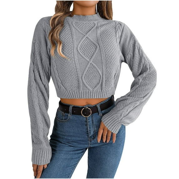 JSKUMAR Women's Crop Knitted Sweater Long Sleeve Crewneck Short Pullover Jumper Gray,L