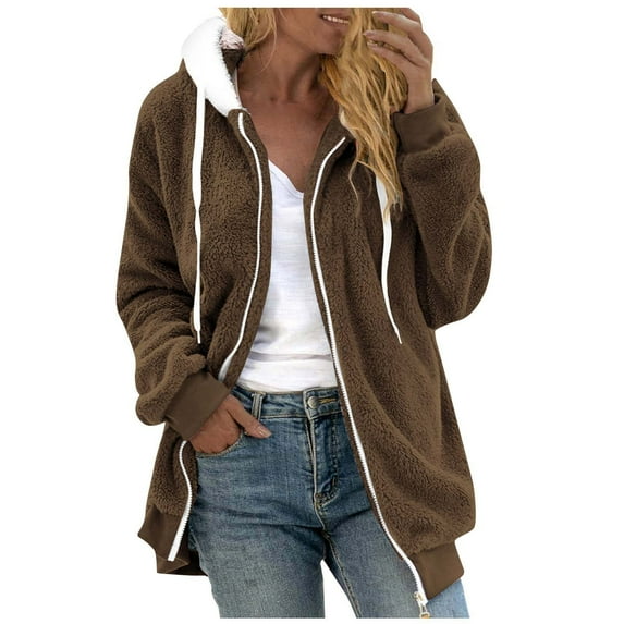 JSKUMAR Women's Fuzzy Sherpa Long Sleeve Hoodies Jackets Zipper Oversized Super Soft Comfy Fall Winter Coat Solid Outerwear Brown,L