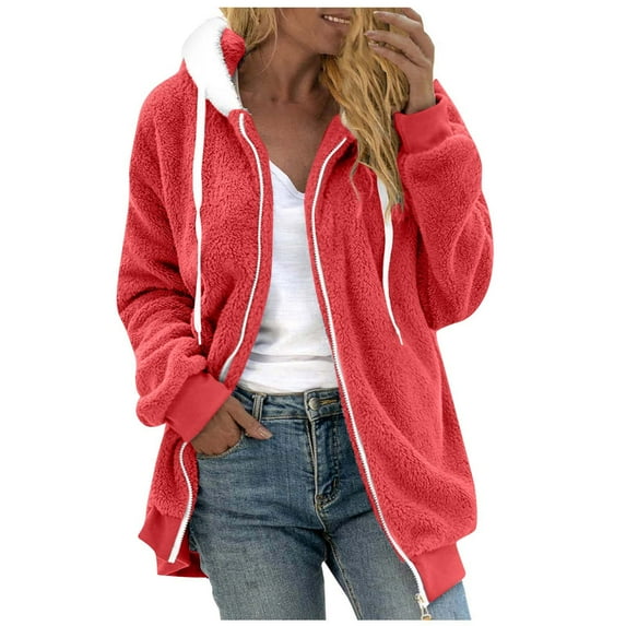 JSKUMAR Women's Fuzzy Sherpa Long Sleeve Hoodies Jackets Zipper Oversized Super Soft Comfy Fall Winter Coat Solid Outerwear Red,XL
