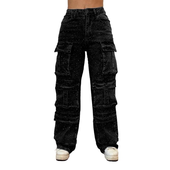 JSKUMAR Women's High Waisted Rhinestone Jeans Casual Black Straight Chic Baggy Wide Leg Denim Loose Fit Pearl Jeans Denims (Black,M)