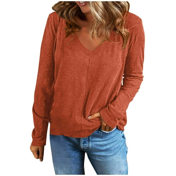 JSKUMAR Women's Long Sleeve Blouses V Neck Tops Casual Loose Cotton Blended Comfort Basic T-Shirt Solid Plain Tee Tops Red,XL