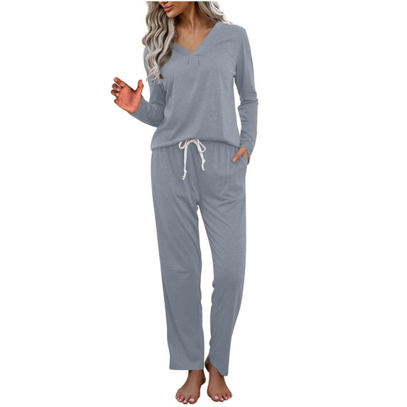 JSKUMAR Women's Long Sleeve Pajamas Sets 2pc Cotton Cozy Soft Tops and Joggers Pants Loungewear Homewear Pjs Gray,M
