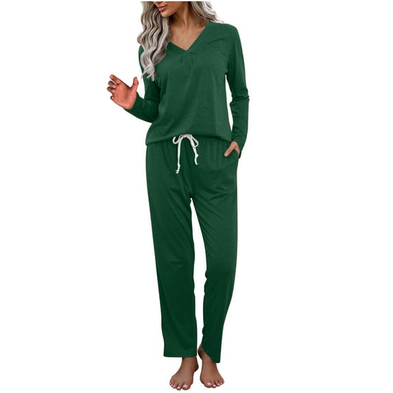 JSKUMAR Women's Long Sleeve Pajamas Sets 2pc Cotton Cozy Soft Tops and Joggers Pants Loungewear Homewear Pjs Green,L