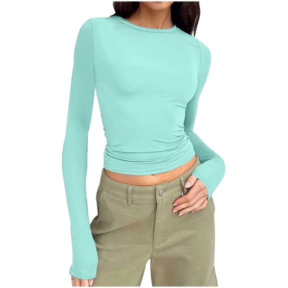 JSKUMAR Women's Long Sleeve Shirts for Women Crewneck Slim Fit Stretch Solid Color Lightweight Pullover Spring Tops Light Blue|XL