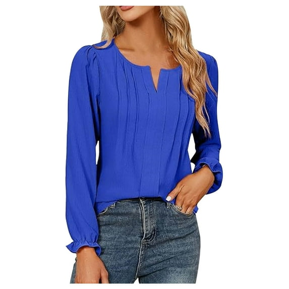 JSKUMAR Women's Long Sleeve Tops Dressy Casual Shrug Ruffle Sleeve Tunic Shirts V Neck Blouses Solid Ladies Shirts Blue,XL