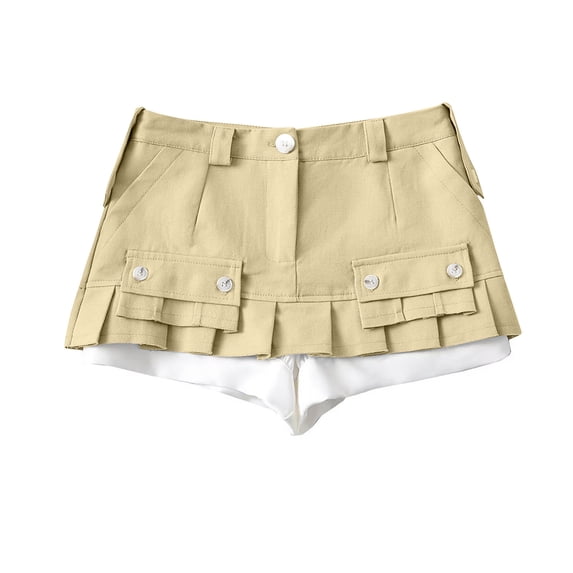 JSKUMAR Women's Low Rise Cargo Shorts with Lined Buttons Ruffled Skirt Shorts Vintage A Line Short Pants Khaki,L