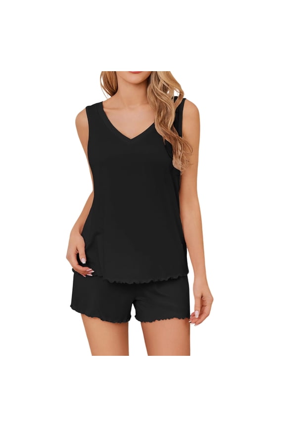 Women's Pajamas Sets Soft Comfy Sleeveless Tank and Shorts Sleepwear 2 Piece Pjs Loungewear Set Black|2XL