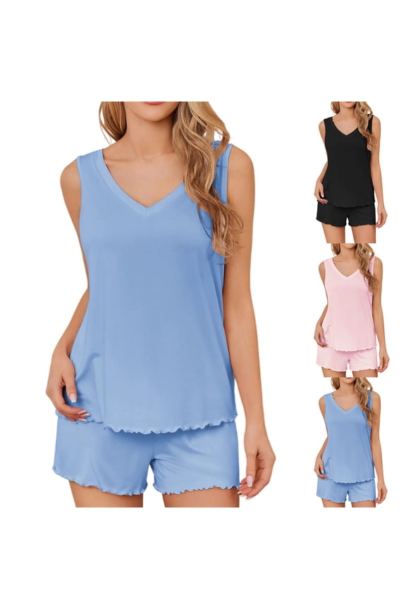 Women's Pajamas Sets Soft Comfy Sleeveless Tank and Shorts Sleepwear 2 Piece Pjs Loungewear Set Blue|M