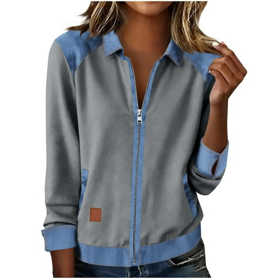JSKUMAR Women's Patchwork Stitching Shirts Casual Long Sleeve Full Zip Denim Sweatshirt Stylish Lapel Blouses Tops (Gray,XL)
