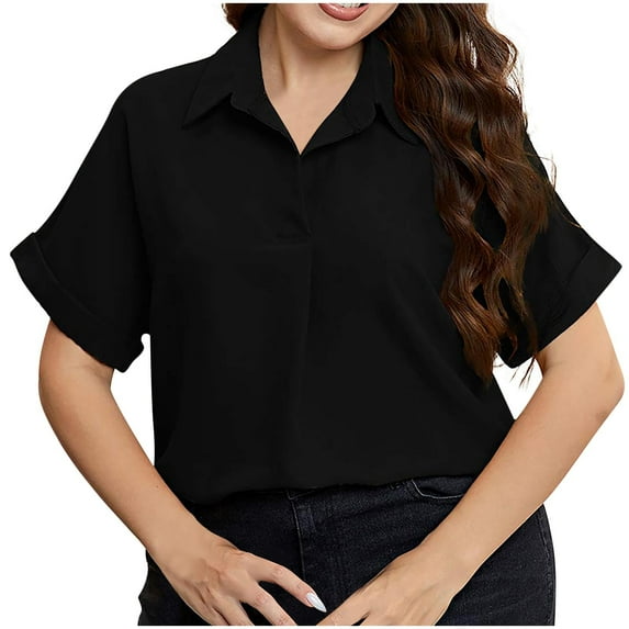 JSKUMAR Women's Plus Tops Short Sleeve Loose Fit Casual Shirts Pullover Blouses Black,XXL