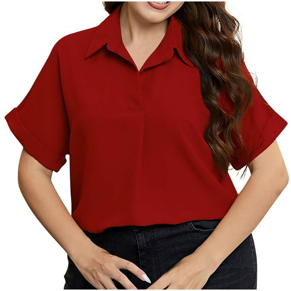 JSKUMAR Women's Plus Tops Short Sleeve Loose Fit Casual Shirts Pullover Blouses Red,XL