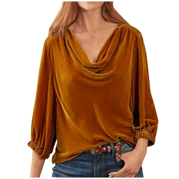 JSKUMAR Women's Retro Long Lantern Sleeve V Neck Velvet Tops Trendy Tunic Shirts Pullover Elegant Spring Blouses Orange,S