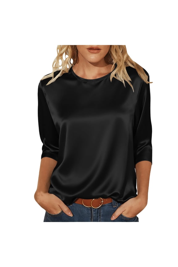 Women's Satin Blouses Casual 3/4 Length Sleeve Loose Crewneck Silk Shirts Dressy Office Trendy Pullover Tops (Black,XL)