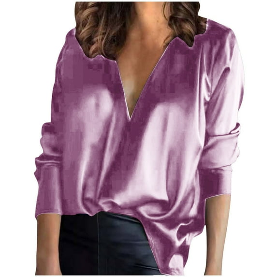JSKUMAR Women's Satin Blouses Shirts Casual Loose Fit Long Sleeve V Neck Office Work Tunic Tops Printed Dressy Shirt Purple2,XL