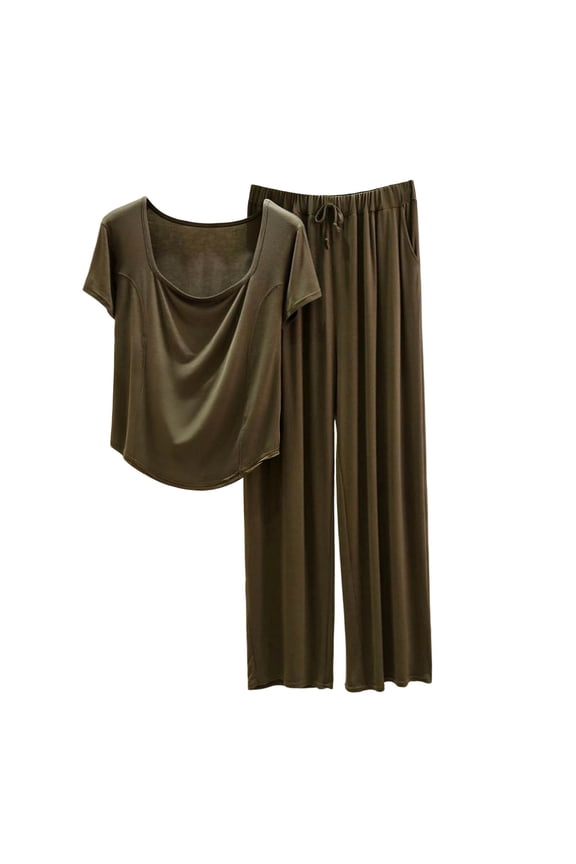 Women's Scoop Neck Sleepwear Short Sleeve Pajama Set 2 Piece Lounge Pjs Shirt Pants Soft Casual Outfits Loungewear Green|2XL