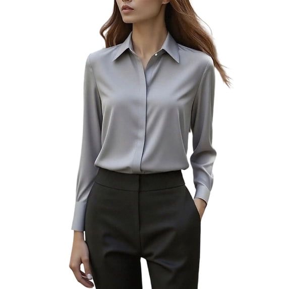 JSKUMAR Women's Soft Satin Silk Blouses Dressy Long Sleeve Button Down Shirts Slim Fit Collared Tops Office Outfit (Gray,2XL)