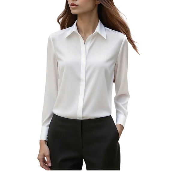 JSKUMAR Women's Soft Satin Silk Blouses Dressy Long Sleeve Button Down Shirts Slim Fit Collared Tops Office Outfit (White,XL)