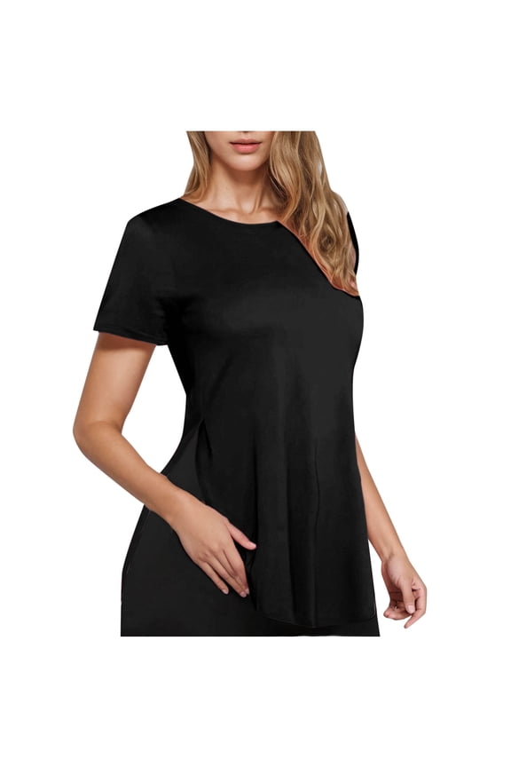 Women's Summer T-Shirts Casual Short Sleeve Crew Neck Tops Loose Fit High Low Hem Tees with Side Split Black,S