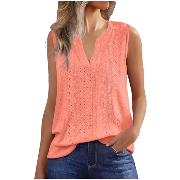 JSKUMAR Women's Tank Top Casual Sleeveless V Neck Loose Camisole Tops Dressy Eyelet Spring Summer Flowy Shirts Blouse (Orange,S)