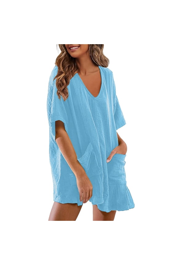 Women's V Neck One Piece Shorts Jumpsuit Casual Summer Romper Dresses Short with Pockets (Light Blue,M)