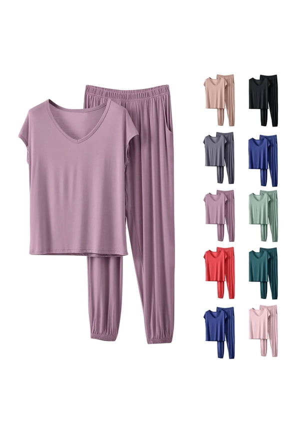 Women's V Neck Sleepwear Long Sleeve Pajama Set 2 Piece Lounge Pjs Shirt Pants Soft Casual Outfits Loungewear Purple|M