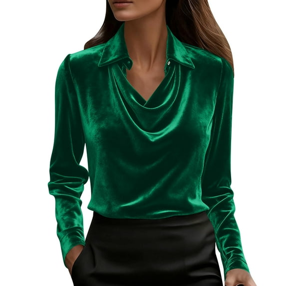 JSKUMAR Women's Velvet Cowl Neck Tops Casual Long Sleeve Dressy Shirts Vintage Elegant Tunic Blouses Holiday Party Outfit (Green,XL)