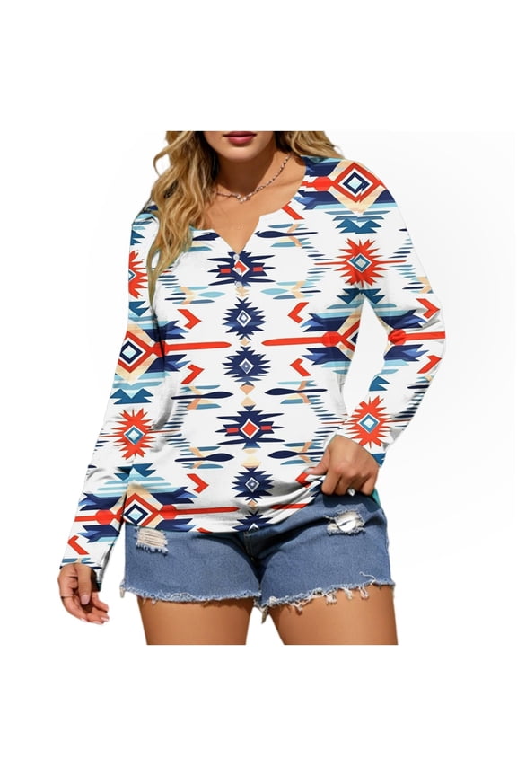 Women's Western Tops Casual Long Sleeve Aztec Cow Print Western Henley Tops Graphic V Neck Loose Fit Blouse Khaki001,XL
