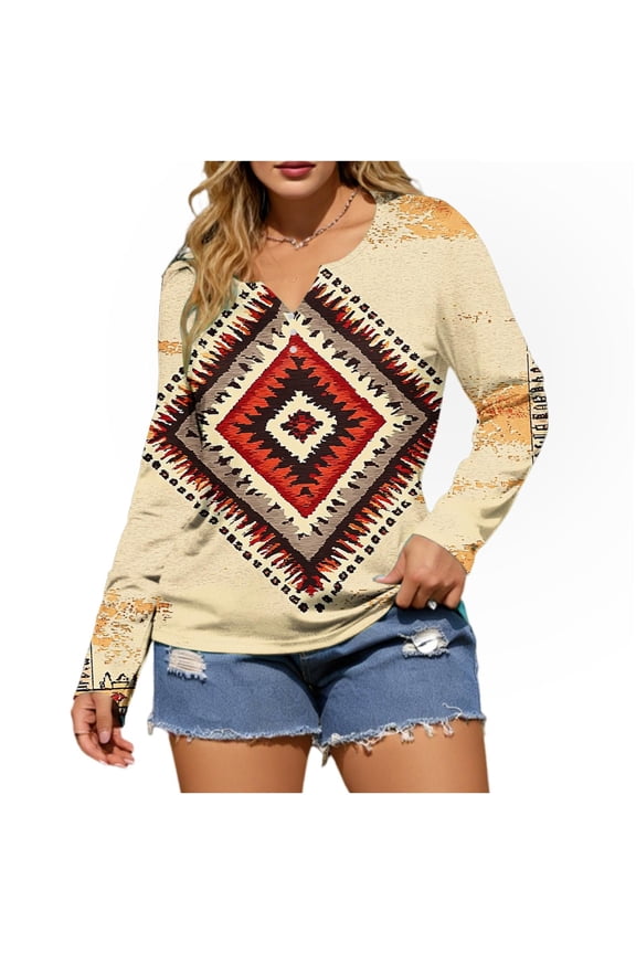 Women's Western Tops Casual Long Sleeve Aztec Cow Print Western Henley Tops Graphic V Neck Loose Fit Blouse Khaki008,S