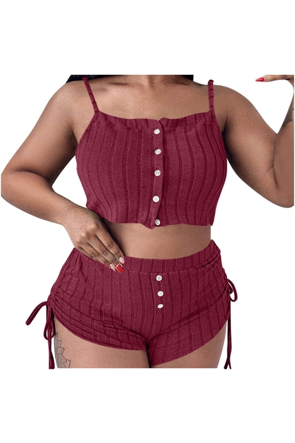 Womens 2 Piece Crop Pajama Set Ribbed Cami Top Adjustable Straps Drawstring Shorts Casual Daily Outfit Wine|XL
