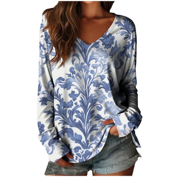 JSKUMAR Womens Floral Tops V Neck Long Sleeve Vintage Printed Casual Outfits Trendy Loose Pullover Shirts Fashion Blouses (Multicolor-1,M)