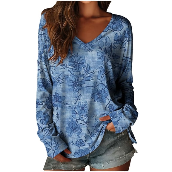 JSKUMAR Womens Floral Tops V Neck Long Sleeve Vintage Printed Casual Outfits Trendy Loose Pullover Shirts Fashion Blouses (Multicolor-4,S)