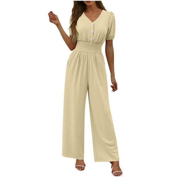 JSKUMAR Womens Jumpsuits Casual Short Sleeve V Neck Dressy Casual Wide Leg Pants Romper One Piece Vacation Outfits (Beige,M)