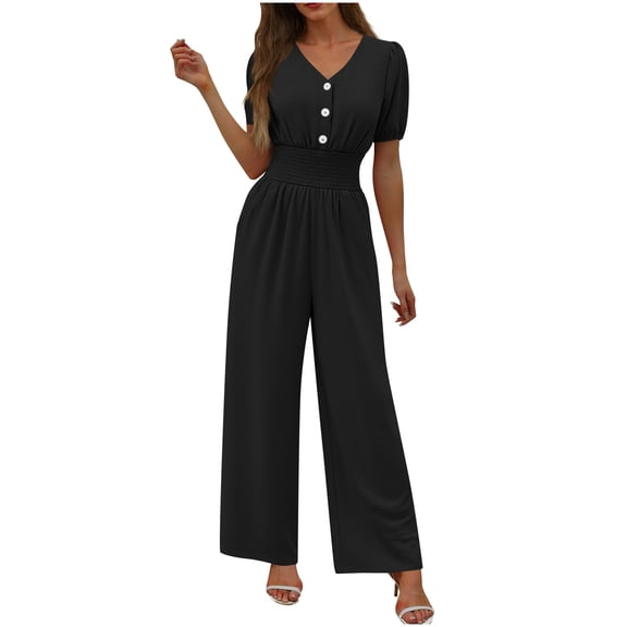 JSKUMAR Womens Jumpsuits Casual Short Sleeve V Neck Dressy Casual Wide Leg Pants Romper One Piece Vacation Outfits (Black,M)