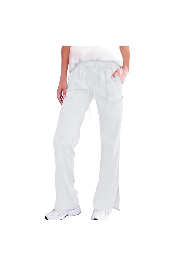 Womens Linen Pants Casual Split Hem Palazzo Wide Leg Drawstring Trousers Summer Beach Vacation Pant White|XL