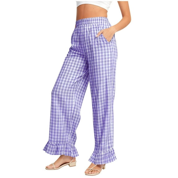 JSKUMAR Womens Pajama Pants Elastic Waisted Plaid Pants Casual Lounge Comfy Fashion Wide Leg Trousers with Pockets M,Purple