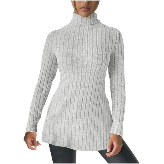 JSKUMR Women's Turtleneck Long Sleeve Ribbed Knit Tops Tunic Shirts Mid Length Casual Solid Pullover Blouses Gray,XL