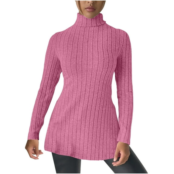 JSKUMR Women's Turtleneck Long Sleeve Ribbed Knit Tops Tunic Shirts Mid Length Casual Solid Pullover Blouses Hot Pink,S