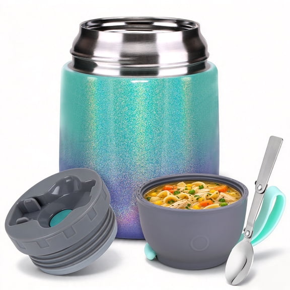 JSLOVE 17 oz Vacuum Insulated Steel Food Jar with Spoon, Leakproof Soup Thermo for Hot & Cold Food, Thermal Lunch Container Bento Box for Adults & Kids, School, Office & Travel, Rainbow