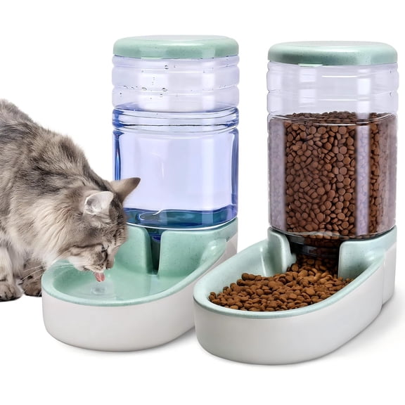 JSLOVE 3.8L Automatic Dog Cat Feeder and Water Dispenser Set, 1 Gallon x 2 Gravity Pet Food Feeder and Waterer with Food Bowl for Small Medium Dogs, Puppies, Cats and Kittens,Green