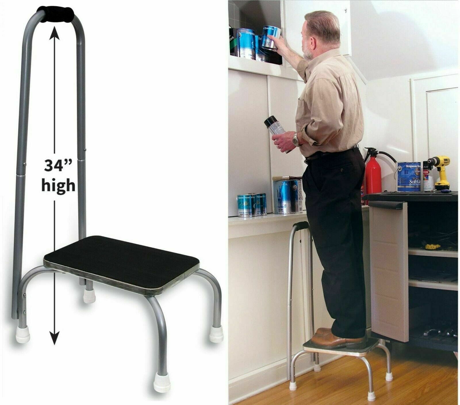 JSNY Safety Step Stool with Handle for Elderly & Handicapped, Rubberized Platform for Various