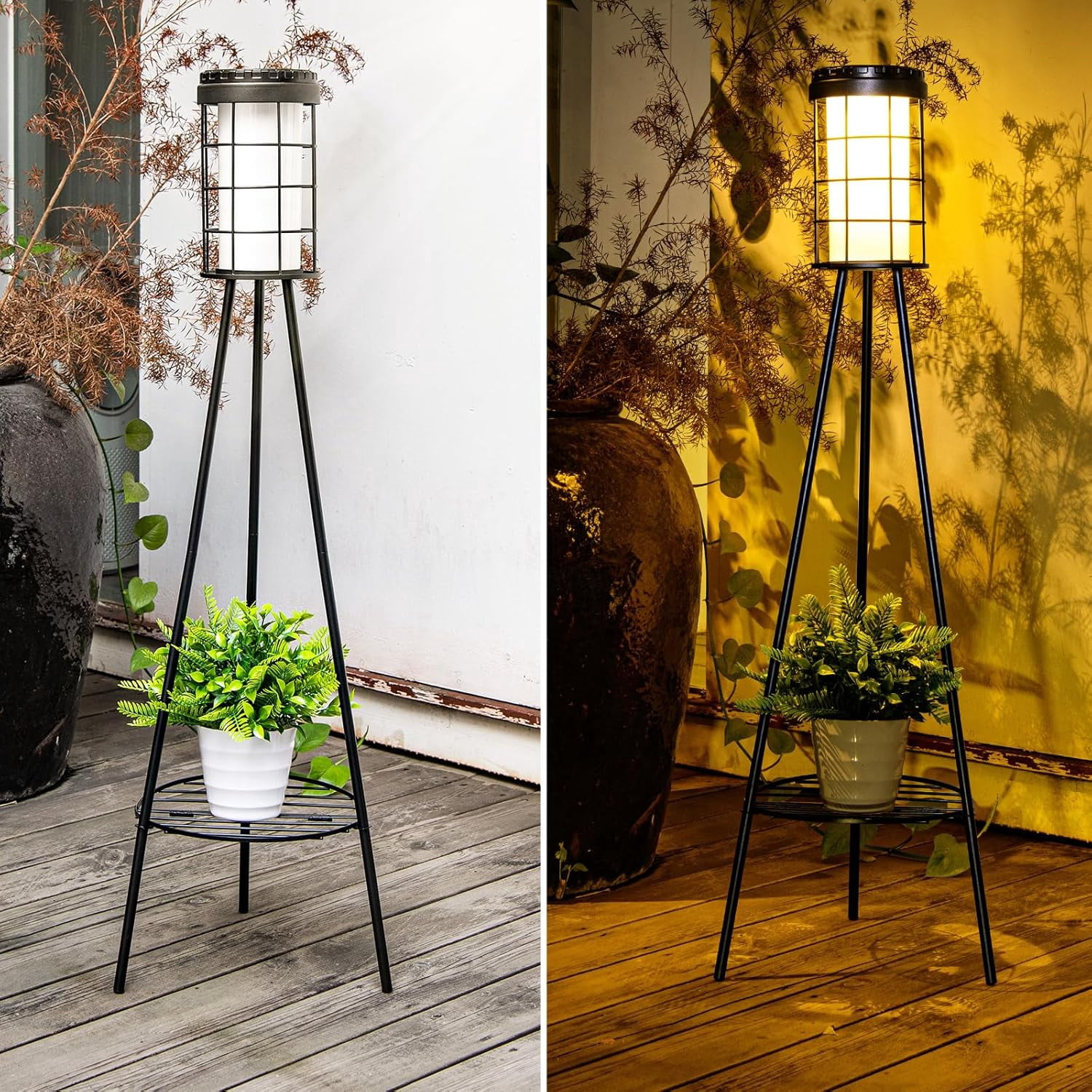 JSOT 1 Pack Solar Lights with Plant Stand, Solar Floor Lamps Outdoor Waterproof, Solar Charging&USB Charging Flower Shelf Lamp for Patio Porch Deck Yard Garden Decor
