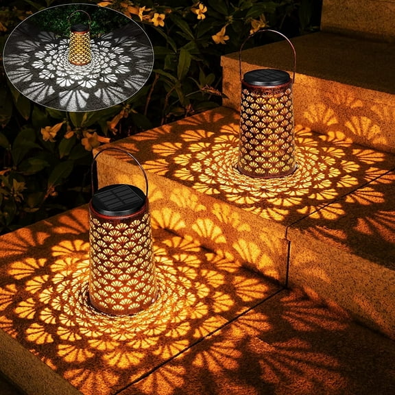 JSOT 1 Pack Outdoor Solar Hanging Lantern Lights Metal LED Decorative Light for Garden Patio Yard Lawn and Tabletop with Hollowed-Out Design
