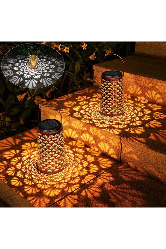 1 Pack Outdoor Solar Hanging Lantern Lights Metal LED Decorative Light for Garden Patio Yard Lawn and Tabletop with Hollowed-Out Design