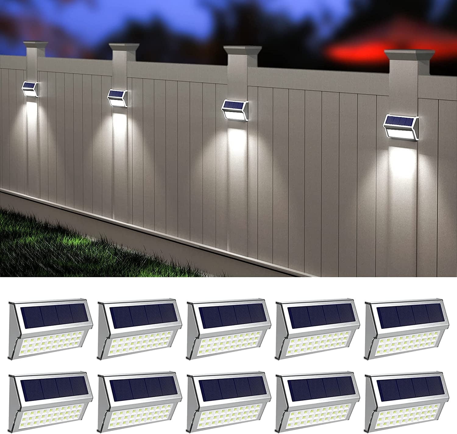 Stainless Steel Solar Powered Outdoor Fence Lights, 10 Pack