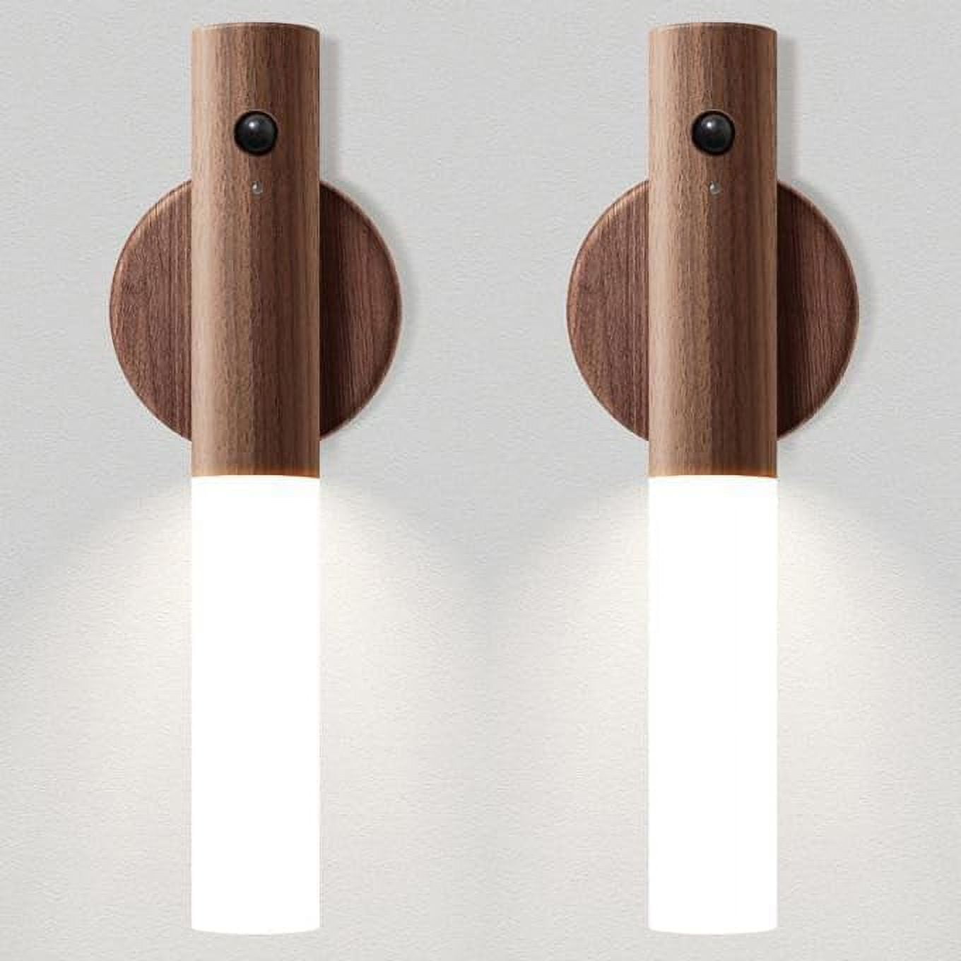 JSOT 2 Pack Motion Sensor Night Lights, Portable Magnet Body Sensor Wall Lights, Wooden Rechargeable LED Light for Cabinet, Stairway, Hallway, Walnut Wood Color