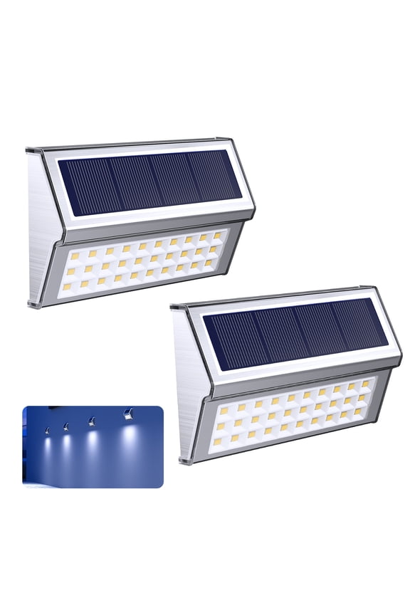 2 Pack Solar Step Lights Outdoor, 30 LED Stainless Steel Solar Stair Lights, Waterproof Outside Stair Light Backyard Decor for Garden Patio Yard Porch Staircase Walkway, White Light